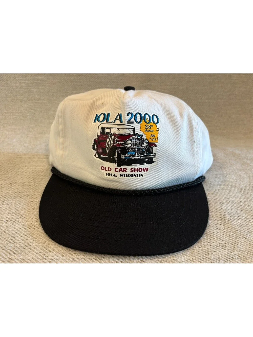 Vintage 2000 Iola Old Car Show Wisconsin Rope Hat Snapback White Black Nissun VT
